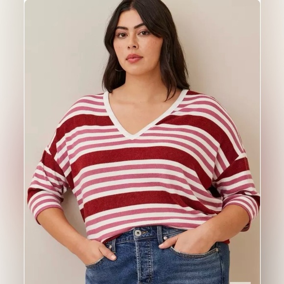 Torrid Burgundy and White Striped V-Neck Sweater - Picture 1 of 6